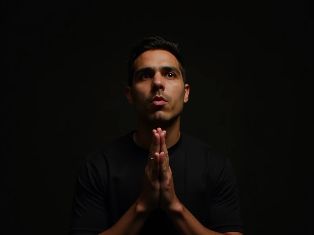 Show a person in a quiet, contemplative moment, raising hands in dua with a determined expression, symbolizing courage and faith. The background is dark with a gentle light on the face, representing overcoming fear.