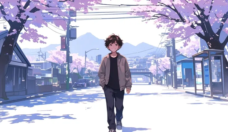 A boy walking on street, , spring, White background　Town　 wind blows　smile　Facing the left side of the screen in the direction, walk cheerfully　river　Mountain　bus stop　 glitter