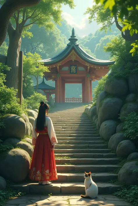  best quality,   very detailed、8k、  Hi-Res,  Scenery、 Fantasy、＃ Daily Challenge、Japan、Stairway to the shrine 、(Cats on the stone steps )、A woman in a shrine maiden costume 、 a cat is looking up、