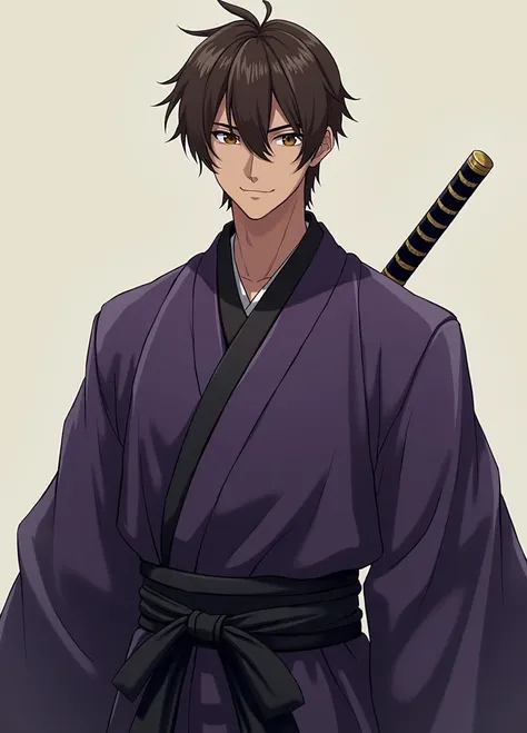  draw a handsome man 。 hair is brown and short 。 with bangs down in an M shape 。Eye color is amber。 Please draw a handsome man {x} wearing a kimono like a Japanese samurai。The coat is purple 。 through a sword 。 eyes are slouched and double 。 smiling 。