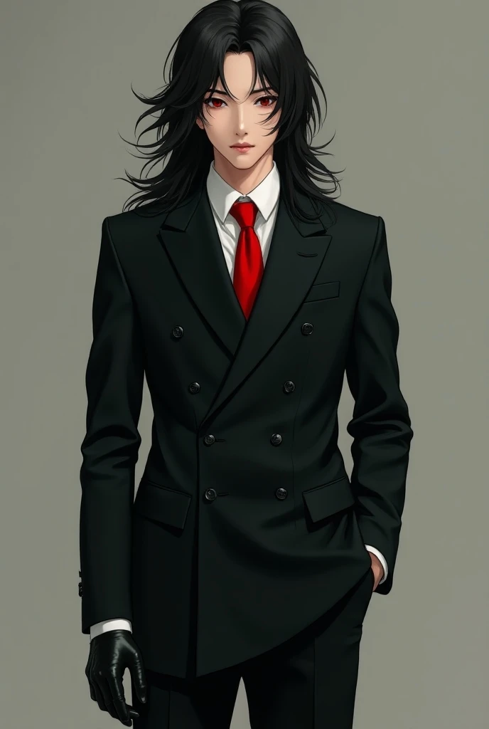 Live action Asian Teen boy with Very Long Flowing black hair, a black double-breasted suit over a White dress shirt. a red tie that stays tight around his neck. Pointed toe shoes and black Leather gloves. 