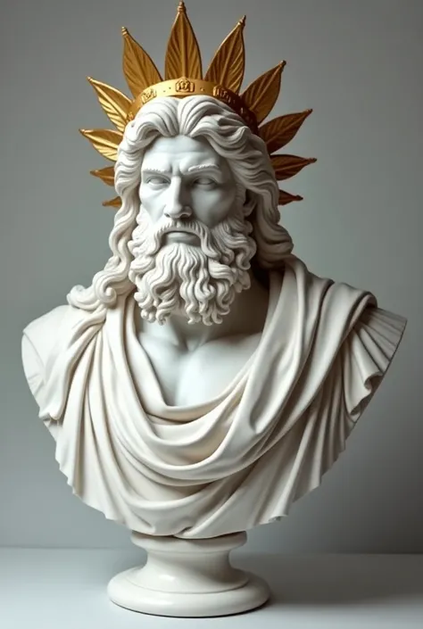 White marble bust of Zeus ,  Renaissance sculpture art style,  with a golden crown ,  shining in the form of rays above his head,  in position of 3 /4 of the face ,  highlight their features , all epic style , very dynamic ,  more realistic expressions ,  ...