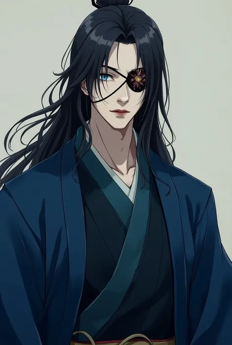 A tall male with long black hair, ocean blue eyes, pale skin, reddish lips. He wears hanfu of different shades of blue, and a dark blue haori. He has an eye patch with a flower on it. A very masculine build, with thin eyes. And the eye patch