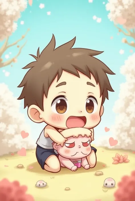 An anime chibi boy being crushed by another chibi