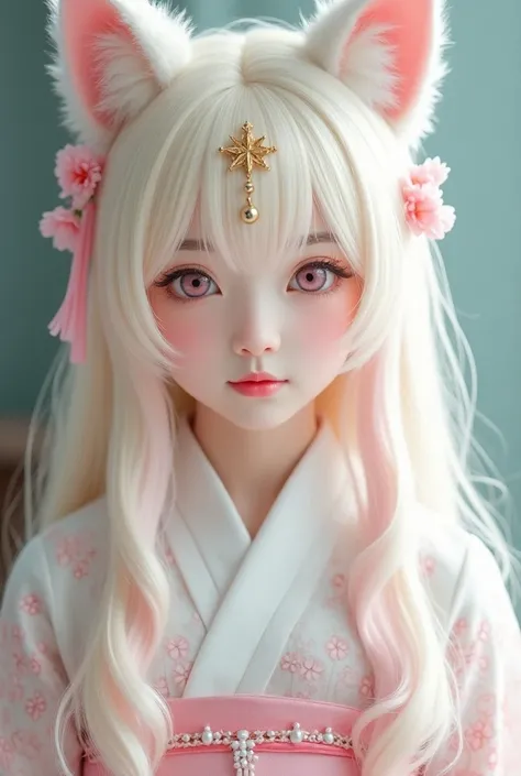 A close-up of a beautiful young woman with long, flowing platinum blonde and pastel pink hair styled with fluffy white cat ears. She has a delicate face with soft pink eyes and a serene expression, enhanced by subtle makeup. She is adorned with intricate a...