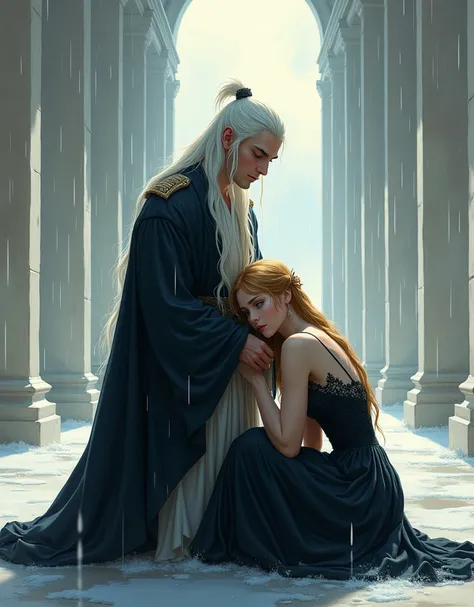 A magnificent snow-white palace, in a huge hall on the floor sits an incredibly beautiful young femme fatale-blonde with long golden hair, long bangs, blue eyes, she is wearing a black mourning princess dress, her hair is braided, she is sad, crying, she i...