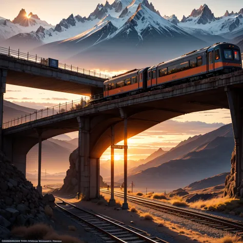 apocaliptic futuristic train moving thru Pataginia sunrise landscape. hd