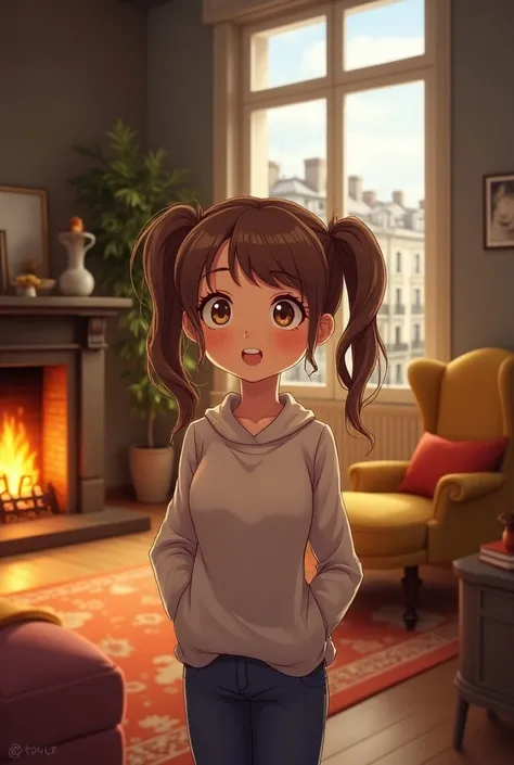  A girl with honey-colored eyes  ,   Long brown hair in two pigtails and cheerful freckles who seems excited to understand what they are talking about in Paris and who looks beautiful with a natural and relaxed face.  In the background a living room of a h...