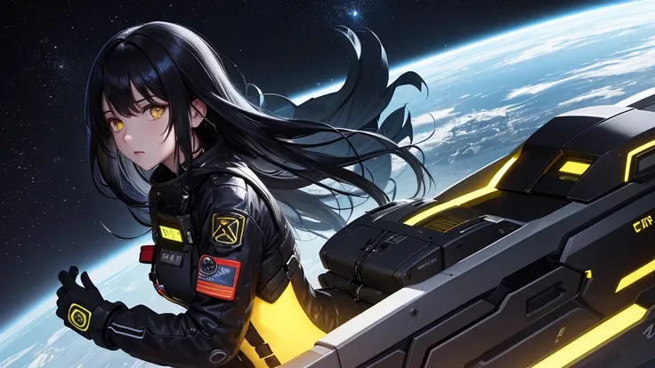 from future intelligence, technology background, complex mission, sudden mystery, unexpected result, unknown variables, strange data, confident look, space black pioneer dress, yellow eyes, black hair