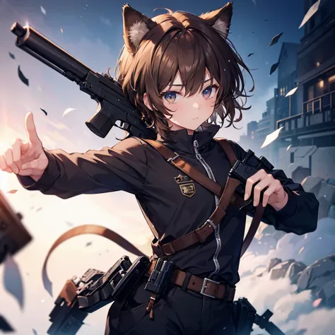 A boy with brown hair and cat ears is holding a gun