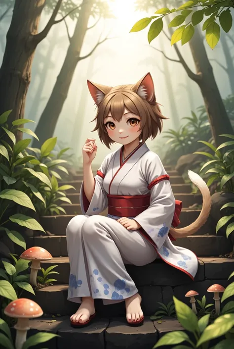 Cat on the Stone Steps, Illustration, fluffy fur, cat girl, brown eyes, cat ears, open mouth, cat tail, short hair, hairstyle, eyebrows, kimono, obi, wide sleeve, long sleeve, sitting, raising right hand above, gaze, outdoors, mushroom, leaves, plant, fore...