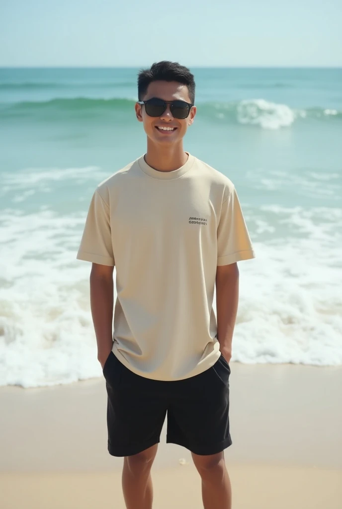 (photorealism) Indonesian man 25 years old  ,thin and short body (short) ,Hairstyle (short slicked back)  at the beach with waves background  ,Wears beige branded t-shirt and black shorts , , wears black photocromic glasses staring at camera,  smiling face...