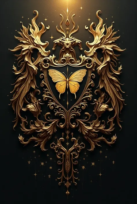 Write ADI FILTH & RINJANI FILTH in sophisticated letters and in gold color.  Back create a coat of arms for A family in constant Metamorphosis, we evolve at every moment, place Welcome symbols, Respect, love and integrity. put a butterfly in the center