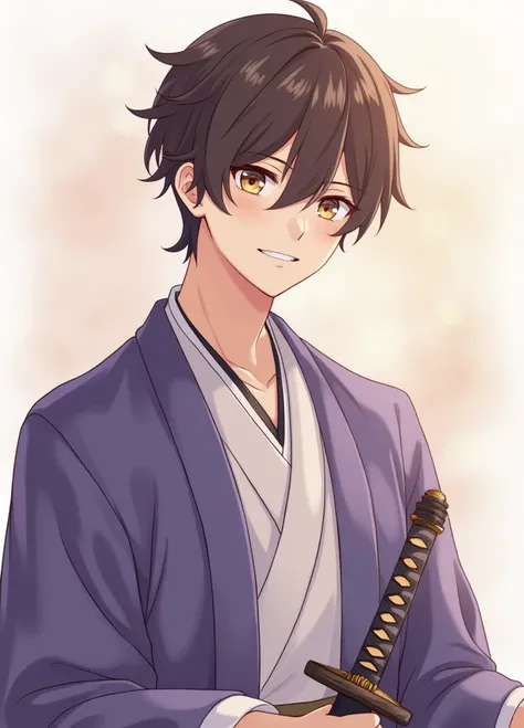  draw a handsome man 。 hair is brown and short 。 with bangs down in an M shape 。Eye color is amber。 Please draw a handsome man {x} wearing a kimono like a Japanese samurai。The kimono is purple,and the cort is light blew 。 prepare a sword  on his hands。 eye...