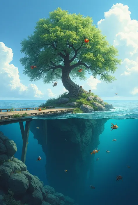 Bridge in the middle of oceans and tree grown on that bridge and fish eating that fruit on tree