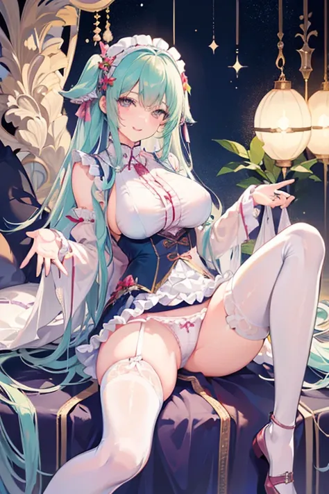 8k、Best Quality 、Maximum clarity 、 very detailed、Beautiful art、 very detailed、 Biologically Correct Body 、 gentle smile touching your head、Maternal、 erotic face looking up at me、Transparent skin 、Skin-tight underwear、 very big breasts、In underwear、((( Lace...