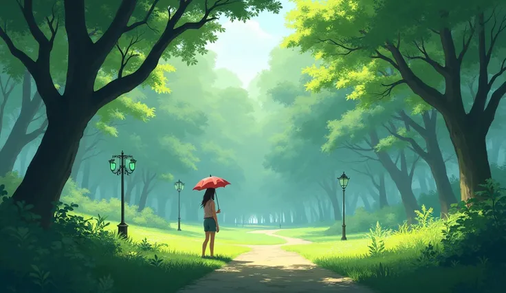 There is a wood sitting in the park: May alone carry an umbrella and dress in shorts.