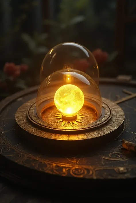 a detail hyper realistic circular round astrolabe with a circle hole in the middle  where there is a mythical round starstone emits a bright yellow glow  inside. The starstone emits a very bright yellow magic glow. It is enclosed in a glass protector on th...