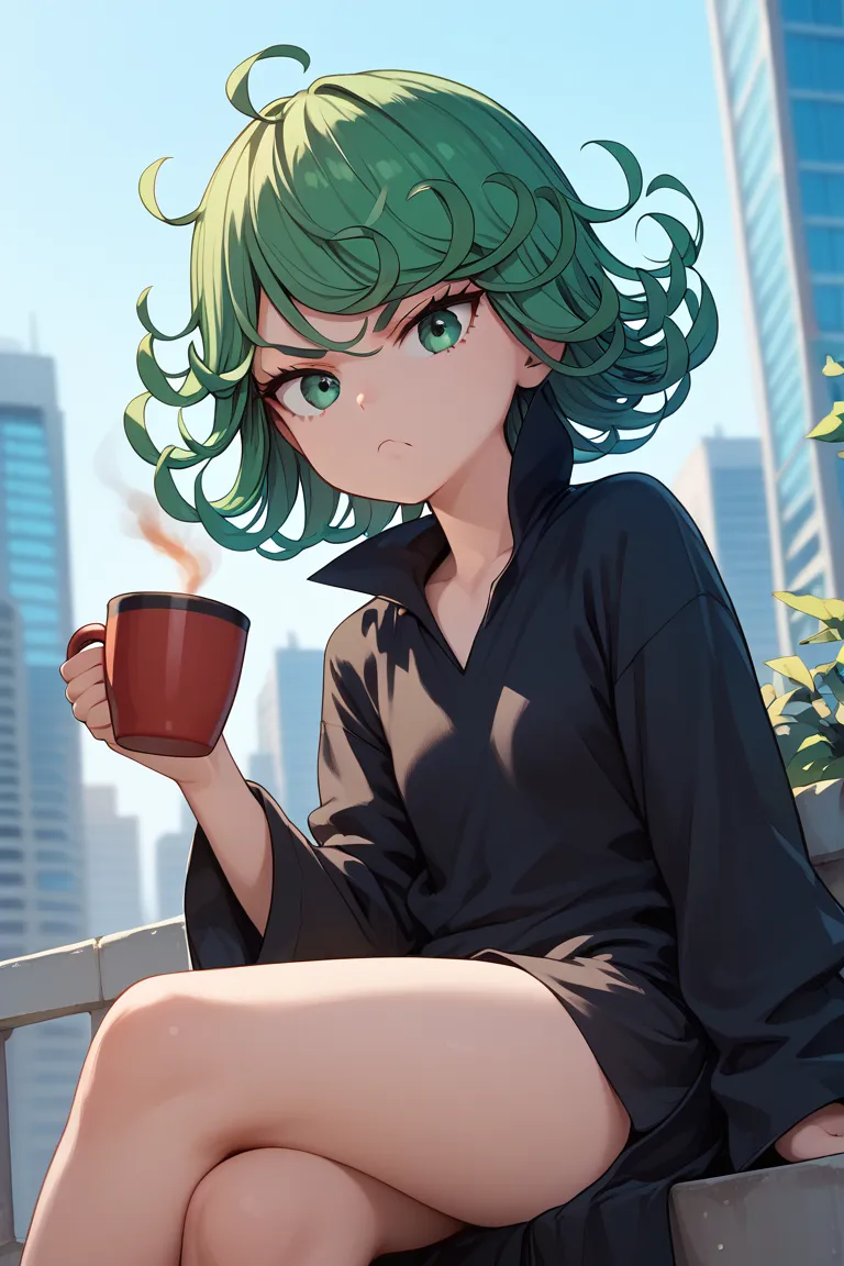 1girl, tatsumaki, official costume, outdoors, city, general, 
having coffee, sitting, looking at viewer, angry, tightened jaw, s...