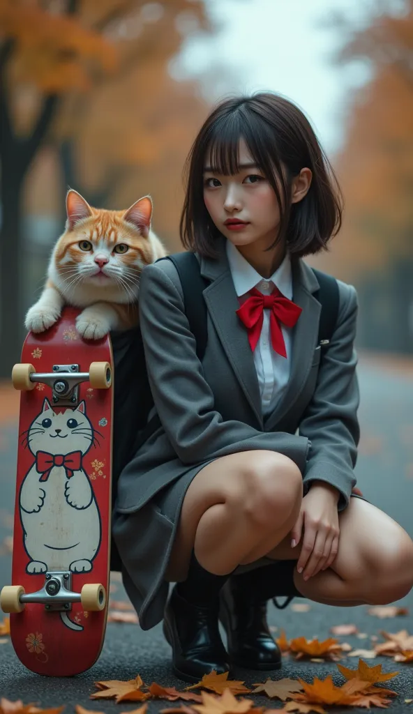 ultra-realistic, photorealistic, dramatic scene, shadow, global-illumination, solo, (teenage Japanese famous idol girl:1.5), very beautiful fragile Japanese girl, very beautiful with very cute but boyish cool face, (very large breasts), slim waist, (wearing a gray colored Japanese high school cute uniform of white shirt with blazer and skirt, red ribbon:1.2), (very large breasts), (The cat is hiding in her backpack, A giant fat cat peeks out of her backpack), She is holding a skateboard with an illustration of a cute giant cat on it, she is showing the illustration of a cute cat on the skateboard, squatting at on a tree-lined avenue with autumn leaves, (face focus:1.6), very large breasts, 