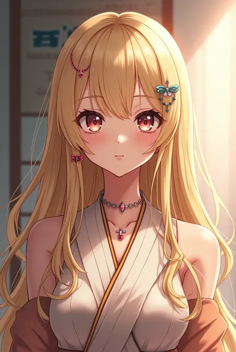 feminine, anime,blonde, rica, stylish, long hair, chic, Japanese student, to hide, neckline