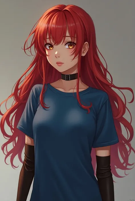 Adult anime girl,  long red hair ,  brown eyes, piel Blanca. He wears a long blue t-shirt , long brown fingerless gloves ,  and has no clothing underneath. 