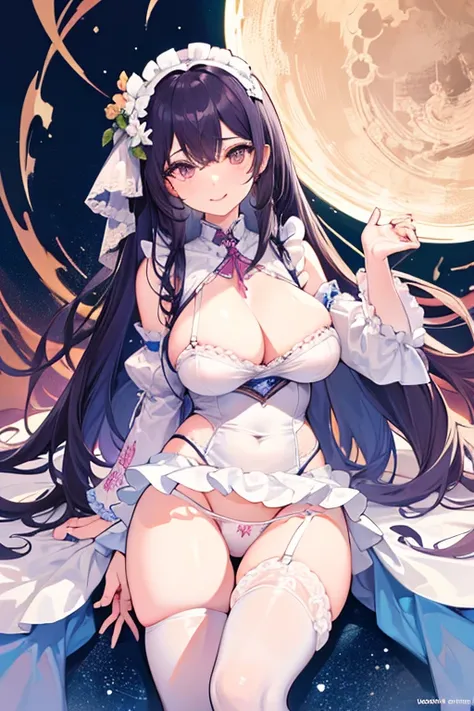 8k、Best Quality 、Maximum clarity 、 very detailed、Beautiful art、 very detailed、 Biologically Correct Body 、 gentle smile touching your head、Maternal、 erotic face looking up at me、Transparent skin 、Skin-tight underwear、 very big breasts、In underwear、((( Lace...