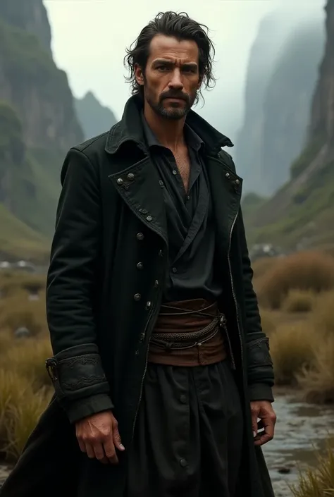 A man wearing a black, rum brown jacket and shirt, clothes in the style of an ancient fantasy world