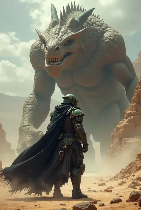 A battle-hardened warrior clad in dark, worn armor with a helmet and visor, featuring green and yellow details, stands resolutely in a desert environment. A black cape flows behind him, adding to his imposing presence. Behind him towers a massive dragon-li...