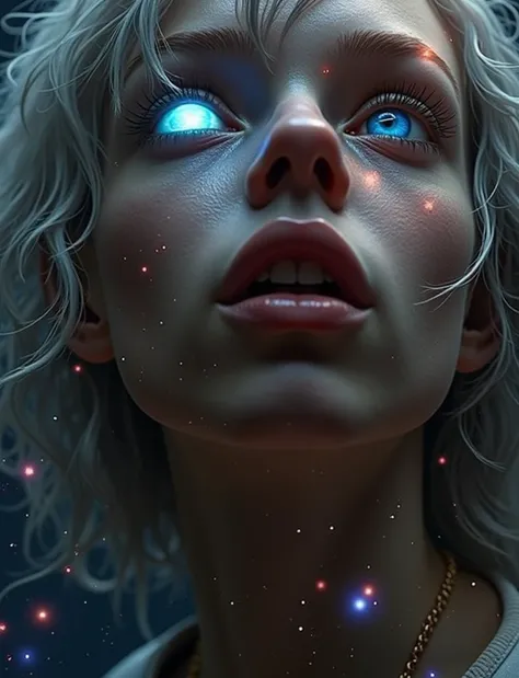 (Close-up of a better masterpiece:1.5)0.9], (Space and astronauts:1.2) (Messy silver hair:1.1) (Heterochromia xanthochromia and blue eyes:1.2) (Space Helmet:1.0) (Colored stars in the eyes:1.0) (A radiant glow:1.1) (thick lips:0.9)