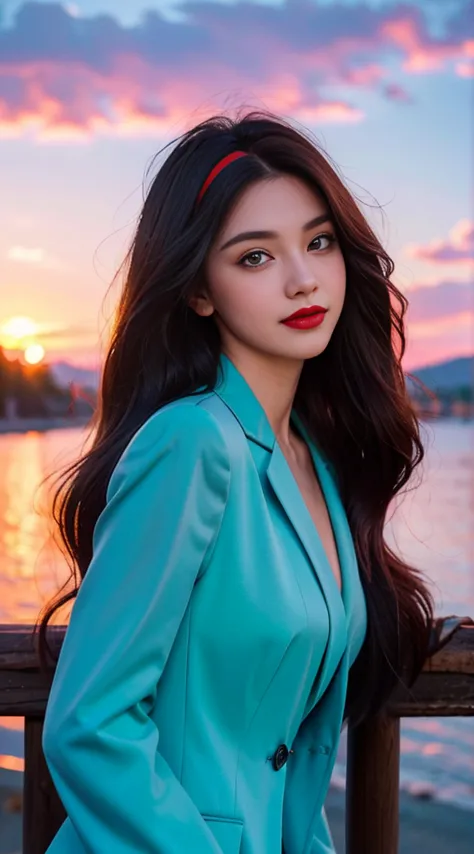 Realiy，Camera to take pictures，European and American face，tmasterpiece，best qualityer，highest  quality，realisticlying， Perfectanatomy ，perfectface，Perfect eyes，long eyelasher，largeeyes，eye glass，Red lips，lipstick，Business suit，1girll，solo，（Green long hair）...