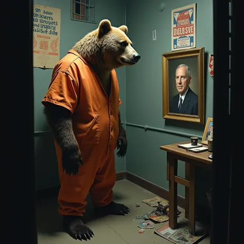 A bear in prison uniform who admires the president