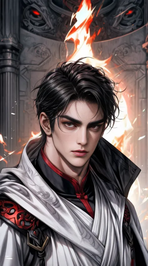 art board  ,   close-up of a man with dark hair  ,  man in a white robe ,  red eyes ,  beautiful character   , epic and  beautif...