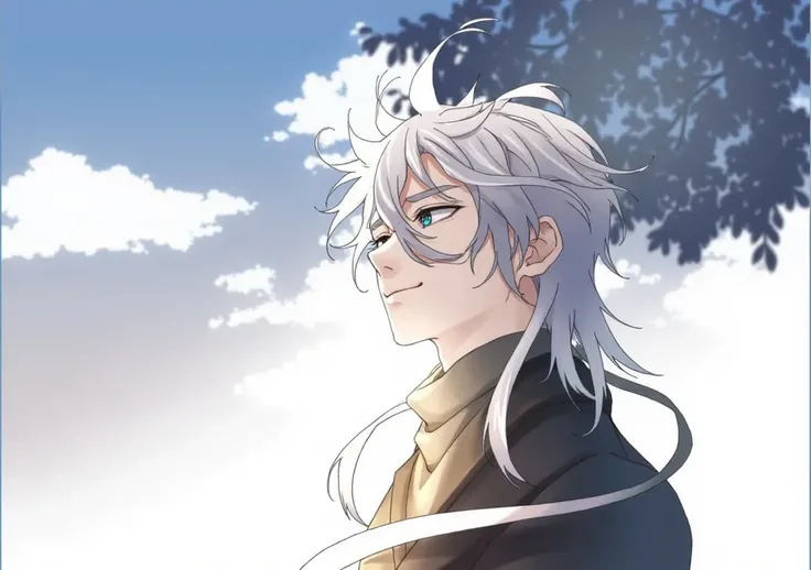 The image is an illustration of a young man with white hair and a serious expression on his face. He is standing in front of a blue sky with white clouds and a tree in the background. The man is wearing a black jacket and has a long white ribbon tied aroun...