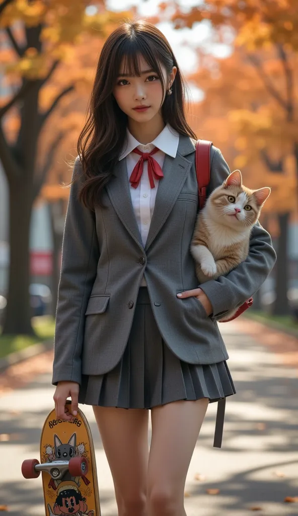 ultra-realistic, photorealistic, dramatic scene, shadow, global-illumination, solo, (teenage Japanese famous idol girl:1.5), very beautiful fragile Japanese girl, very beautiful with very cute but boyish cool face, (very large breasts), slim waist, (wearing a gray colored Japanese high school cute uniform of white shirt with blazer and skirt, red ribbon:1.2), (very large breasts), (The cat is hiding in her backpack, A giant fat cat peeks out of her backpack), She is holding a skateboard with an illustration of a cute giant cat on it, she is showing the illustration of a cute cat on the skateboard, at on a tree-lined avenue with autumn leaves, (face focus:1.6), very large breasts, 