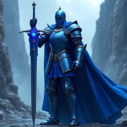 but with a blue color on the armor and with a helmet and a cape and a sword with a sapphire gem