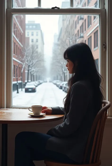 A bright room with a window ,  overlooking a city street ,  on which there is white snow . There is a table in front of the window ,  behind it, a dark-haired beautiful woman is drinking coffee. Photographic image.  high detail 