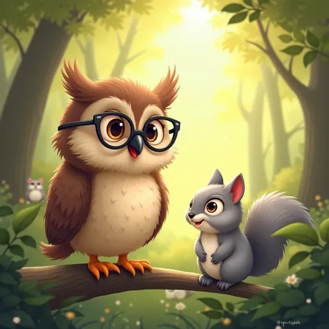 Animated image : Illustration of a wise old owl with large, round glasses and soft brown feathers, sitting on a low branch, looking down at the small squirrel fluffy gray fur and bright, curious eyes,with a friendly expression. The background shows the for...