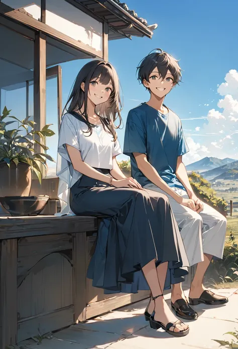 masterpiece,Clear sky,whole body,Smiling standing boy and girl sitting