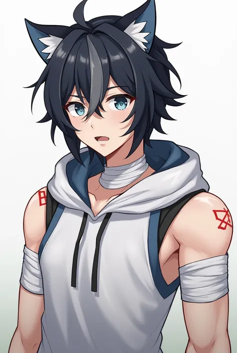 anime boy, wriothesley from genshin impact, medium muscle, black cloth bandages wrapped slightly around his neck and arms, scratch wounds up and down the front of his neck, dark cloudy blue eyes, black hair shaped like cat ears, gray hair strands, wearing ...