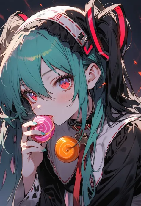 ((hatsune miku)), A dark and evil nun leans forward, her lips parting as she licks a round, brightly colored candy, her eyes filled with wicked amusement, the contrast of the sweet candy and her dark, ghostly appearance creating an eerie and unsettling vib...