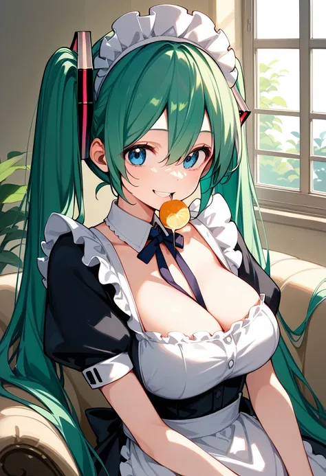 ( Hatsune Miku)(Smile:1.6)(Teeth are visible,I can see the bottom,I can see the inside of my mouth)( sitting on the sofa )(throw:1.6),face close-up,upper body,Overlooking構図,Overlooking, composition from above,,,((A cute maid with green hair and blue eyes))...