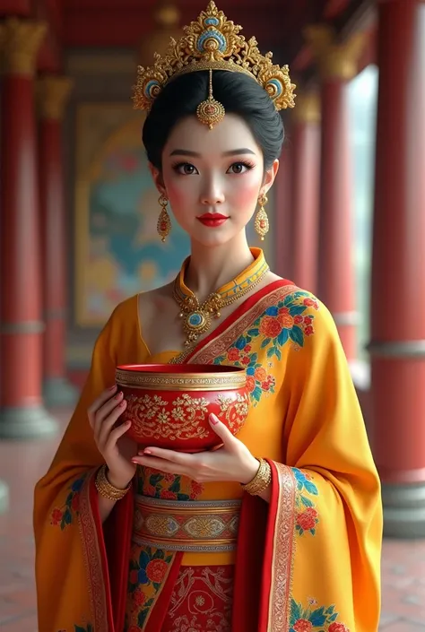 Miss Myanmar beauty pageant poster,A princess holding a red dedicated lacquered alms bowl with her hand, Bagan royal princess style , wearing Myanmar traditional dress ,beauty,(best quality,8k,highres, masterpiece:1.
2),ultra-detailed, (realistic,photoreal...