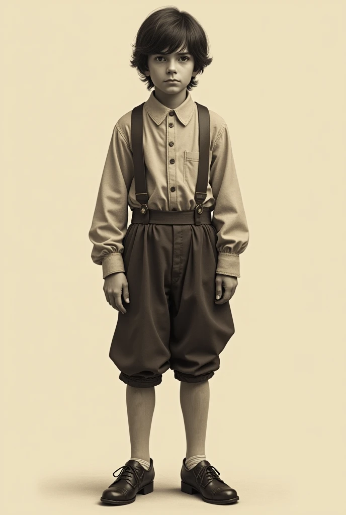 Front plan of detailed realistic full-body image in sepia tone of a 14-year-old boy looking serious dark hair hairstyle from 1850 wears clothes from 1850 and shoes