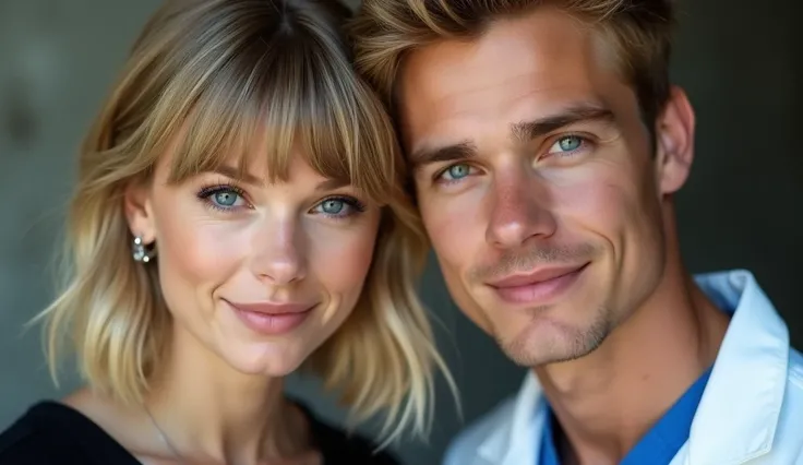 Make an image of a couple with these characteristics:

Woman: She has a face identical to singer Taylor Swift, medium-length pearly blonde hair with bangs. Very detailed blue eyes, wearing a black shirt and a simple smile on his lips. face: Face of Actor L...