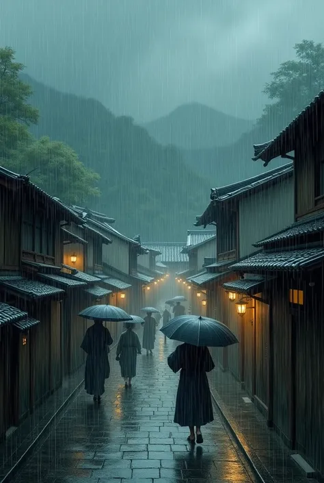 Heavy rain scenes in japan village 