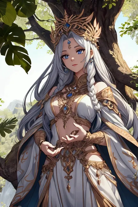  makesThe wind whispers softly among the leaves of Yggdrasil ,  The towering giant tree of life sustains nine worlds .  Between its winding roots and its branches clawing at the sky , Aella  melangkah dengan anggun.  Her long silver hair flutters in the wi...