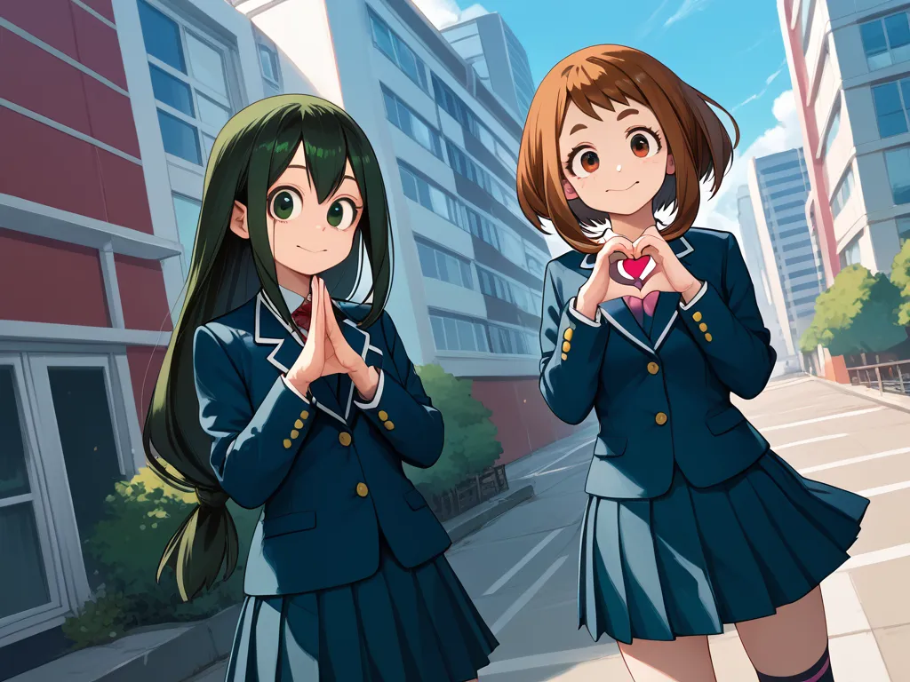 2girls, uraraka ochako, asui tsuyu, u.a. school uniform, skirt, official costume, outdoors, city, general, 
standing , heart han...