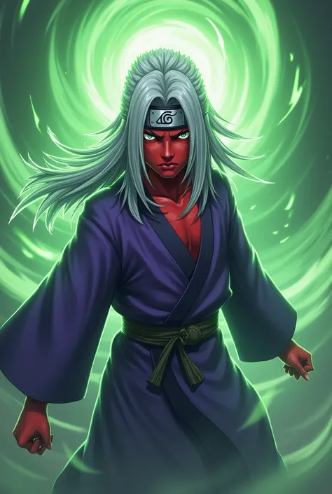 A Naruto-style ninja in a purple kimono,  with a headband on his forehead and long gray hair ,  carrying green chakra with white eyes and red skin