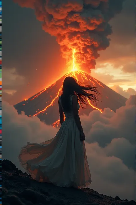 beautiful woman long hair windy weather, stand from behind infront of eruption vulcano, storm thunder lightning on the dark sky